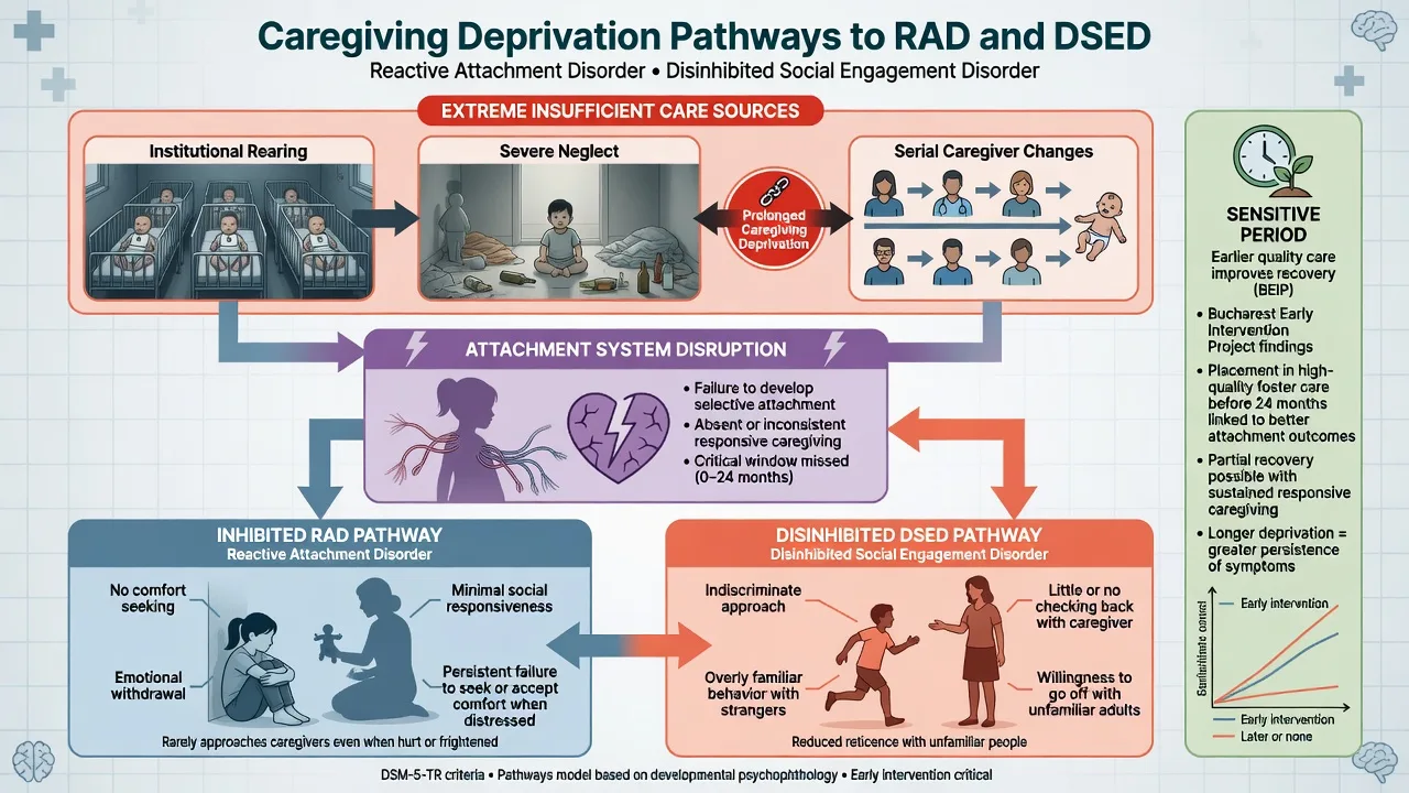 Educational pathway diagram from extreme caregiving deprivation through attachment system disruption to RAD inhibited and DSED disinhibited phenotypes