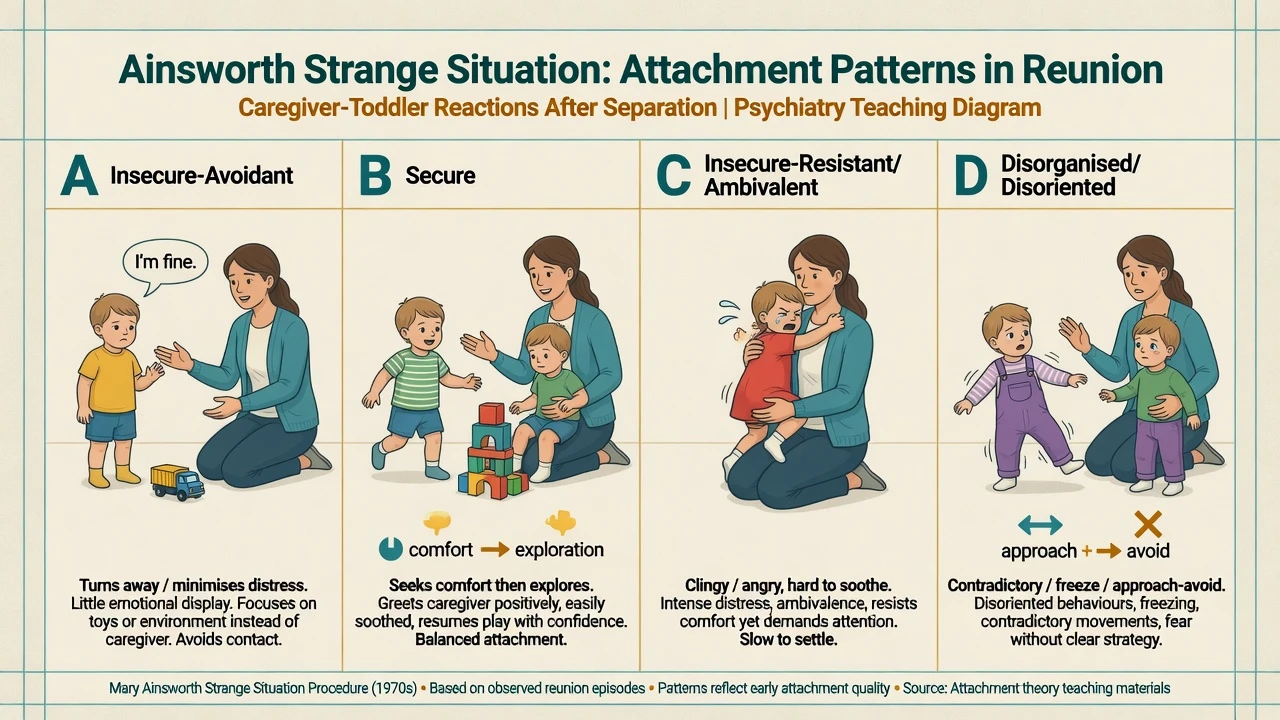 Four-panel comparison of avoidant secure resistant and disorganised attachment reunion patterns