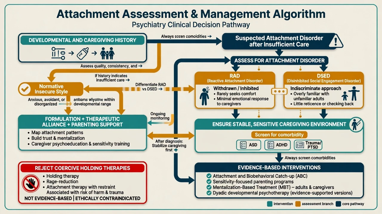 Clinical algorithm distinguishing attachment styles from RAD and DSED and listing evidence-based interventions