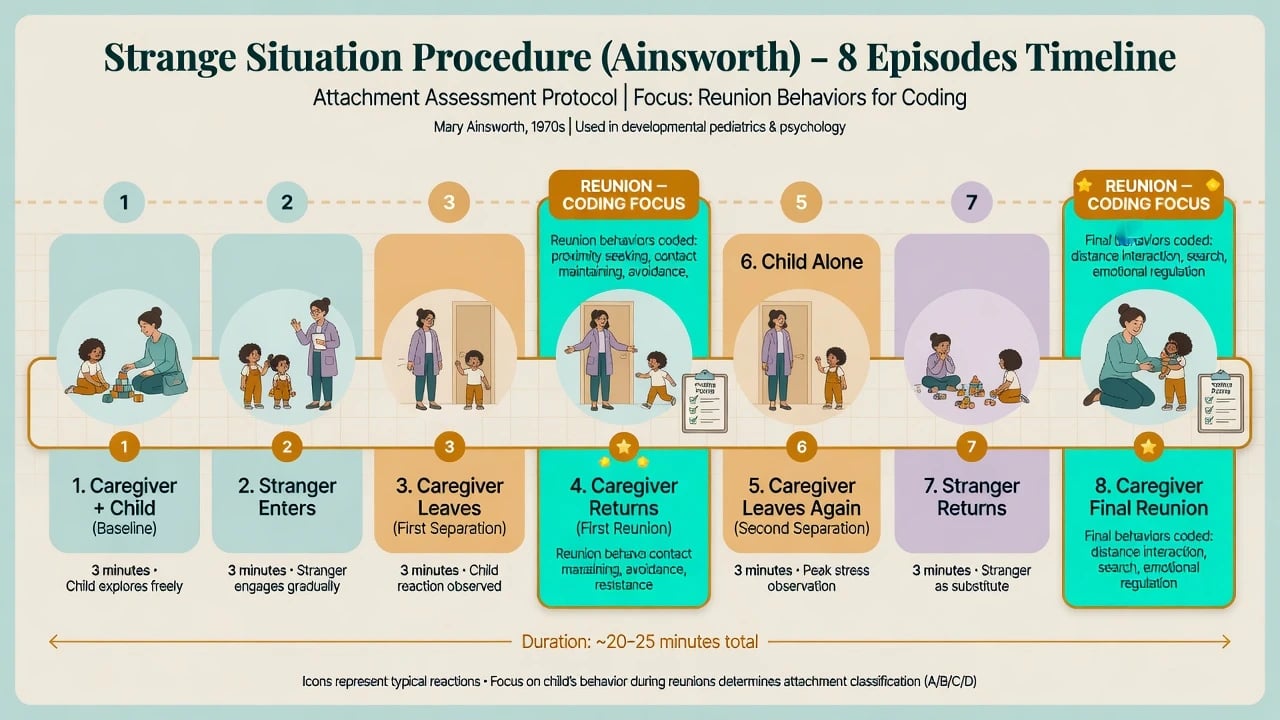 Eight-episode Strange Situation Procedure timeline highlighting reunion coding focus