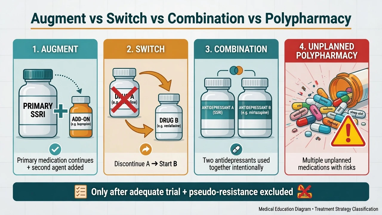 Four-panel comparison of augment, switch, combination antidepressants and unplanned polypharmacy