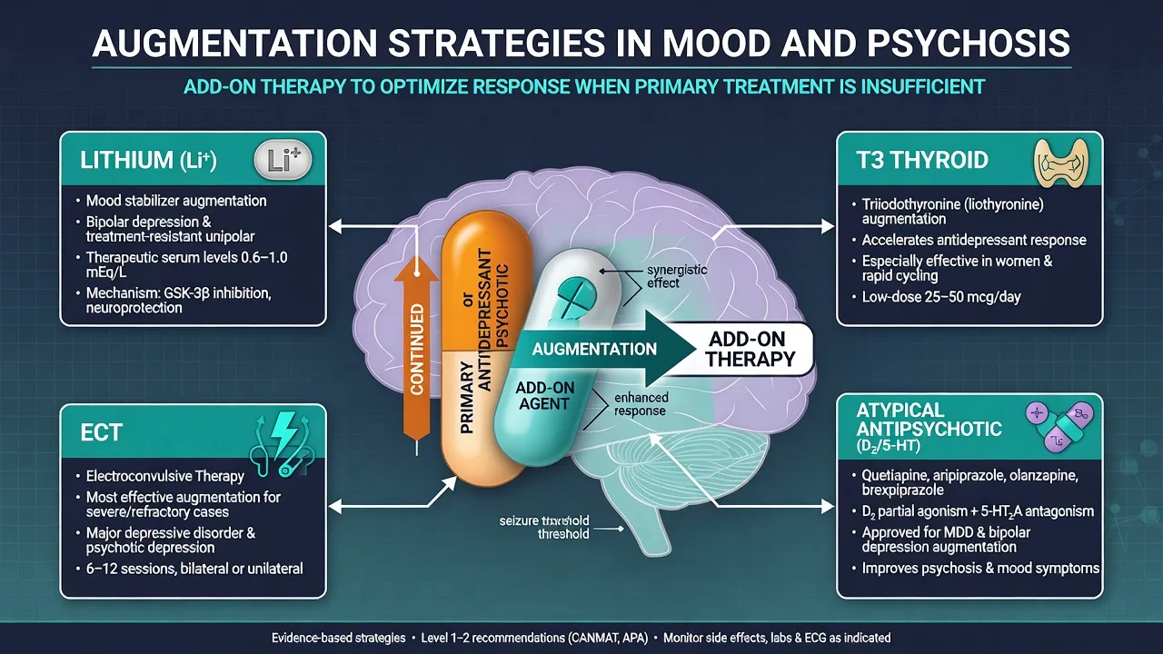 Overview infographic of lithium, T3, atypical antipsychotic and ECT as add-on strategies in mood and psychosis