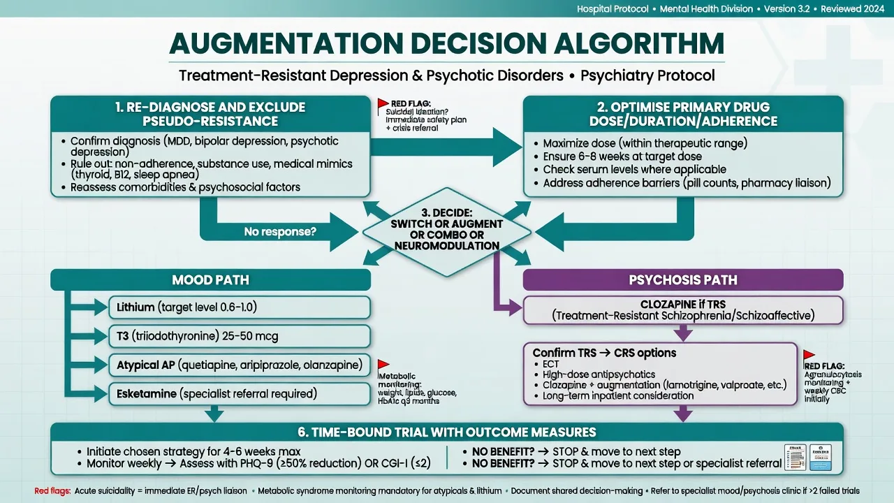 Decision algorithm from pseudo-resistance exclusion through switch or augment to mood and psychosis paths