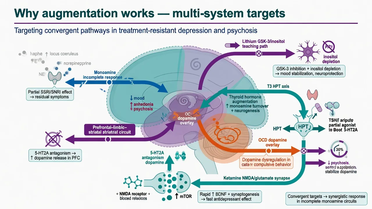 Multi-system targets for augmentation including monoamine residual symptoms, lithium, T3, atypical antipsychotic and ketamine pathways