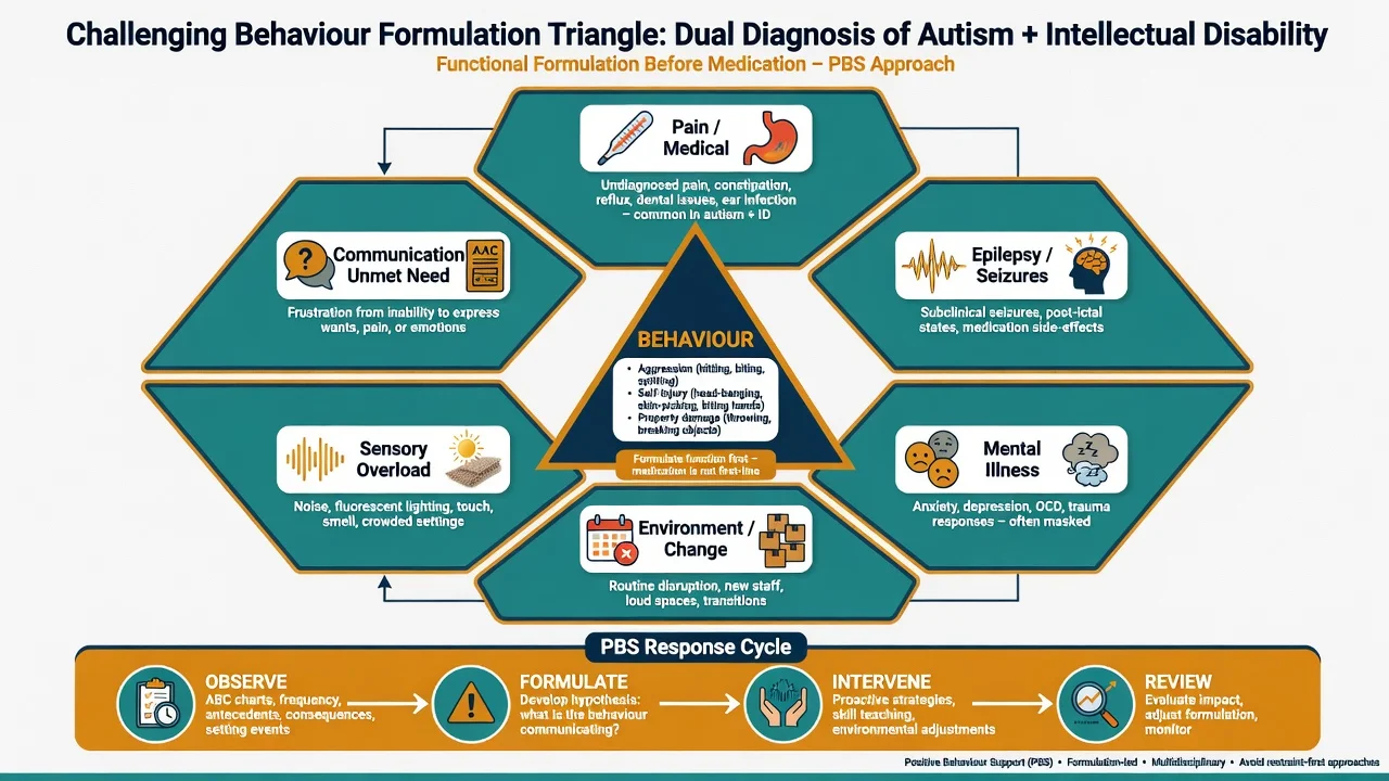 Hexagonal formulation of challenging behaviour with pain medical, epilepsy, communication, sensory, environment, and mental illness contributors around central behaviour, plus PBS review cycle