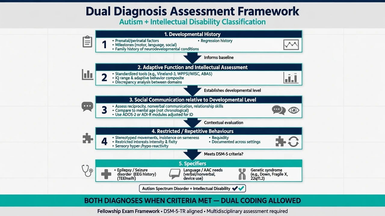 Dual diagnosis assessment framework showing developmental history, adaptive and intellectual assessment, social communication relative to developmental level, RRBs, and epilepsy language genetic specifiers