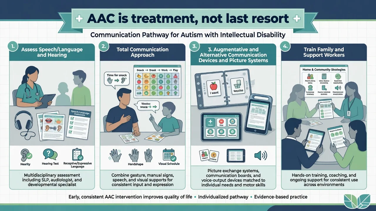 Four-panel communication and AAC pathway: hearing and language assessment, total communication, AAC systems, family and staff training