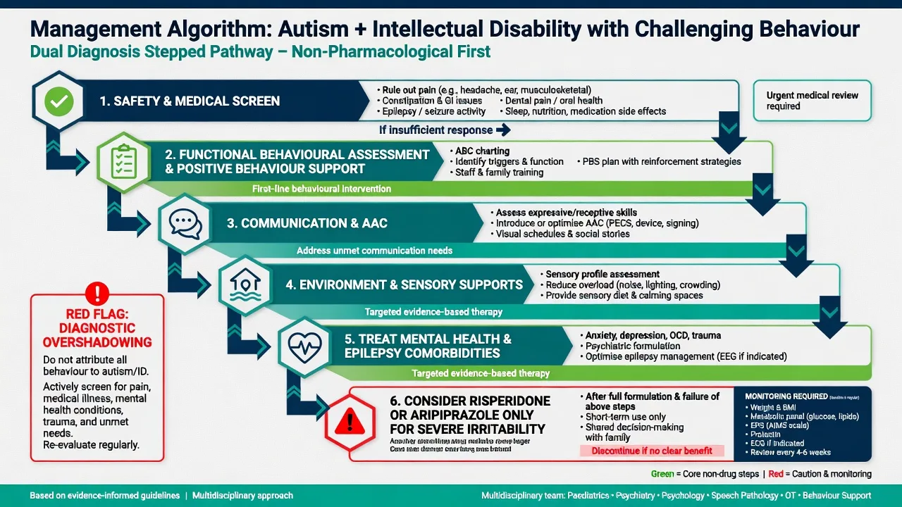 Stepped management algorithm from safety and medical screen through PBS communication sensory supports to comorbidity treatment and last-line irritability pharmacotherapy with monitoring