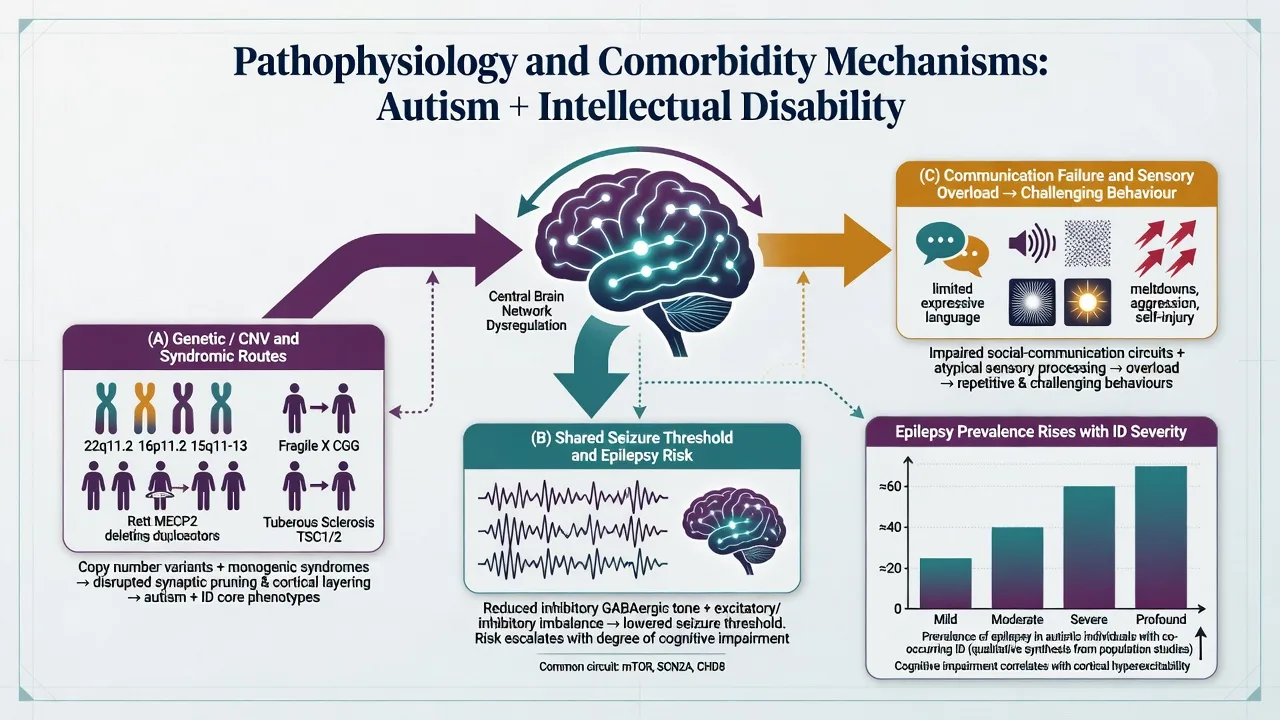 Mechanism diagram linking genetic and CNV pathways, epilepsy risk rising with cognitive impairment, and communication sensory failure leading to challenging behaviour in ASD-ID dual diagnosis