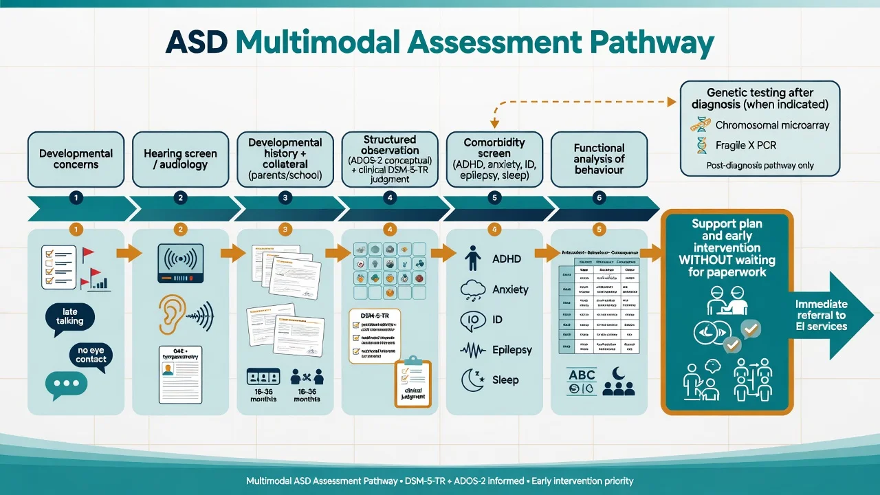 Multimodal ASD assessment pathway from concerns through audiology, history, structured observation, comorbidity screen and early intervention