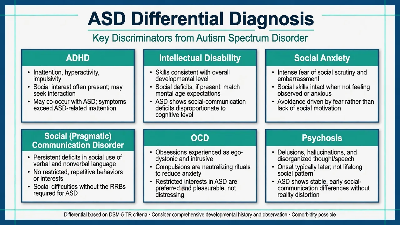 Six-panel differential diagnosis comparing ADHD, intellectual disability, social anxiety, SCD, OCD and psychosis with ASD discriminators