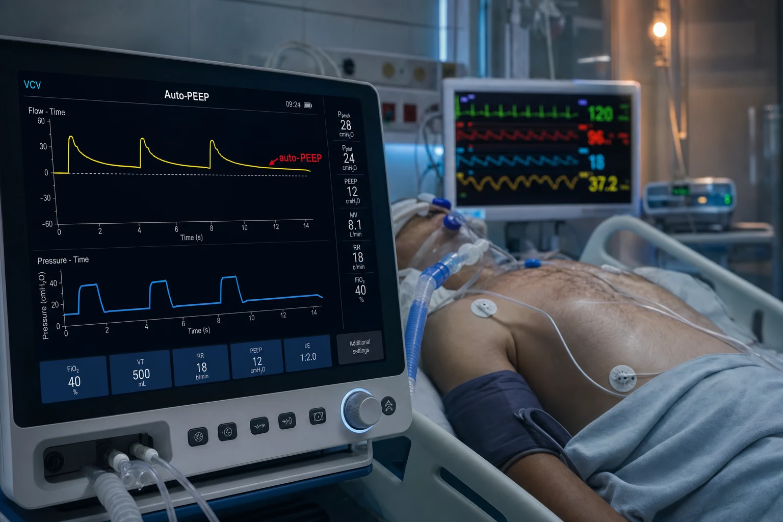 Cinematic ICU scene of a modern ventilator screen showing a flow-time scalar with expiratory flow failing to return to baseline before the next breath (labelled auto-PEEP) and a pressure-time scalar, beside an intubated breathless patient with chest hyperinflation and a cardiac monitor, clinical-blue lighting