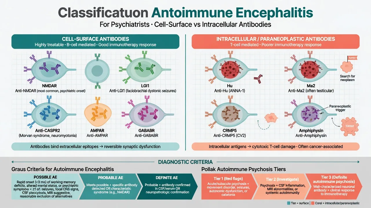 Classification of cell-surface versus intracellular antibodies and Graus Pollak diagnostic tiers