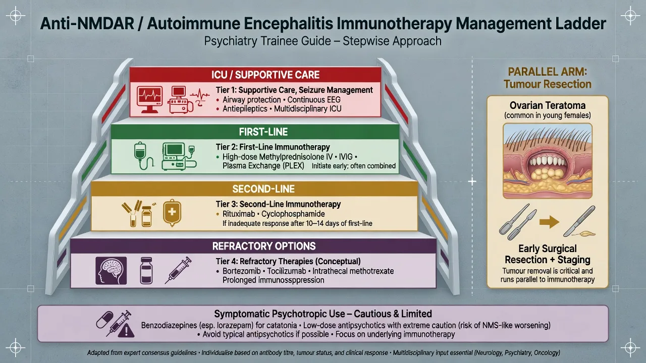 Immunotherapy ladder first-line steroids IVIG plasma exchange second-line rituximab cyclophosphamide plus tumour resection
