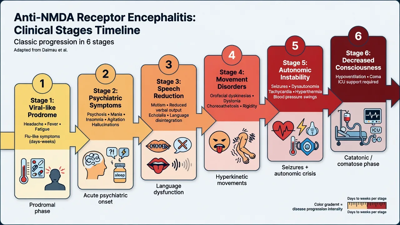 Timeline of anti-NMDAR encephalitis stages from prodrome through psychiatric features to ICU hypoventilation