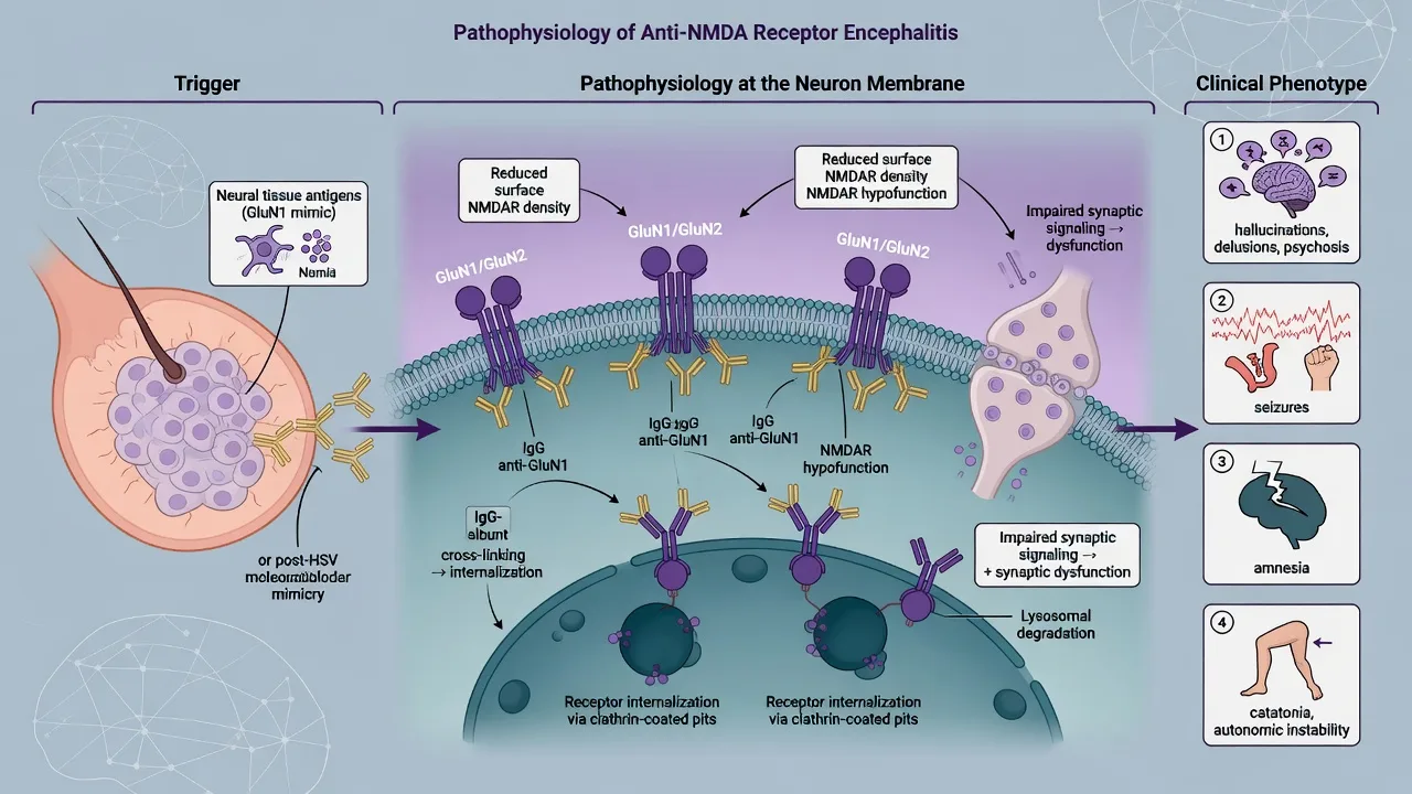Anti-NMDAR IgG binding GluN1 causing receptor internalisation and synaptic hypofunction