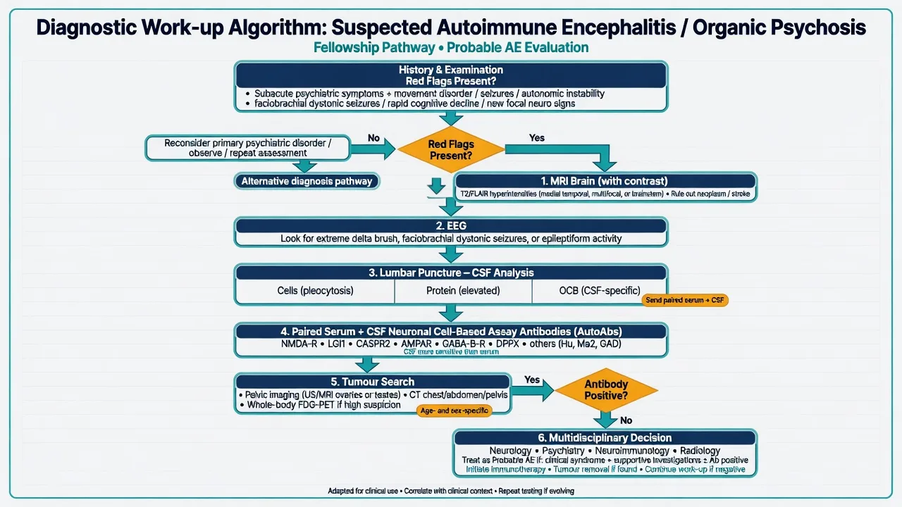 Work-up algorithm MRI EEG CSF paired antibodies and tumour search for suspected autoimmune encephalitis