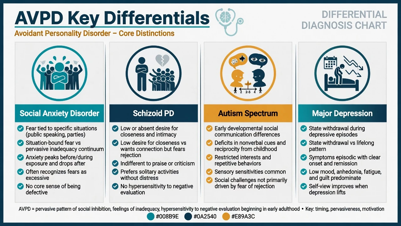 Five-step assessment framework for avoidant personality disorder including history MSE risk differentials and formulation