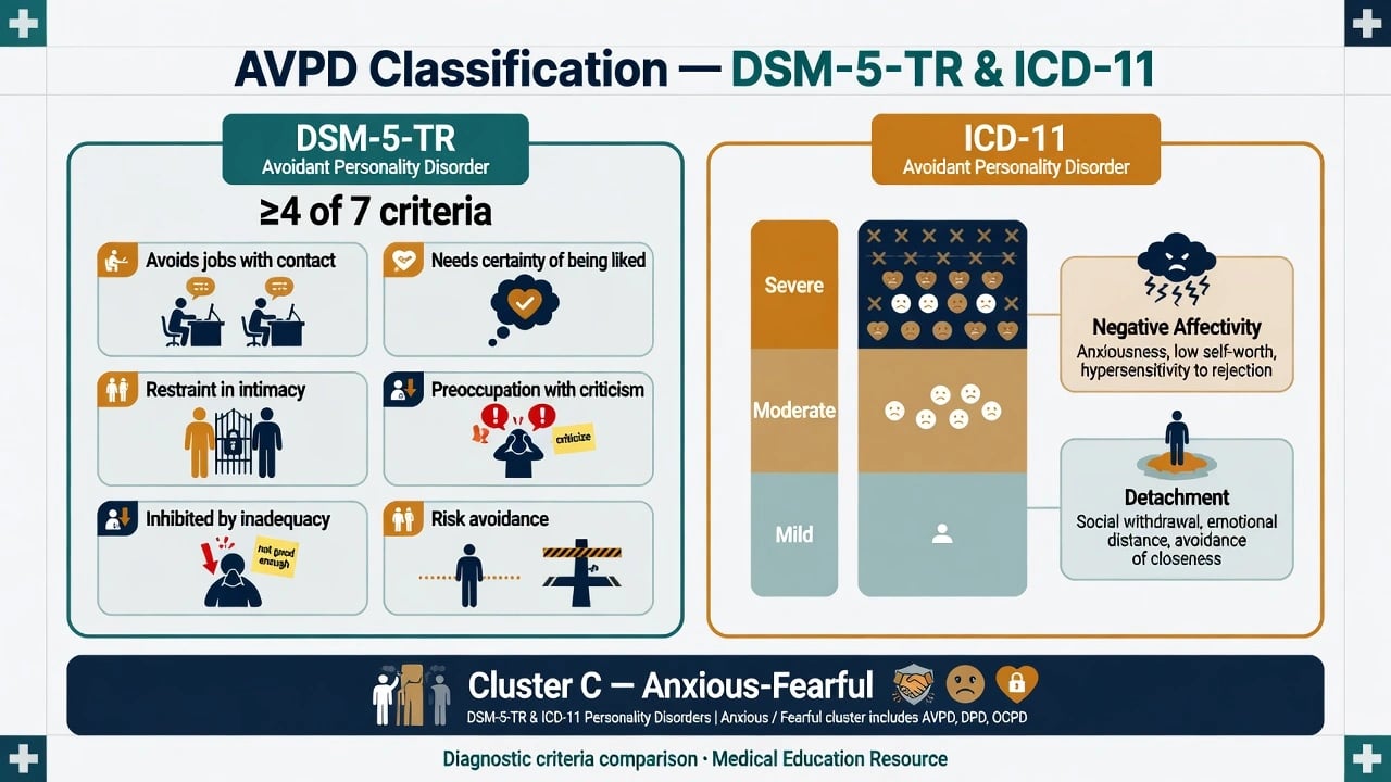 DSM-5-TR avoidant personality disorder criteria map with four-of-seven threshold and ICD-11 severity plus negative affectivity and detachment traits