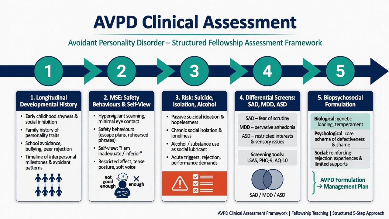 Four-column differential chart comparing avoidant personality disorder with social anxiety disorder schizoid personality autism spectrum and major depression