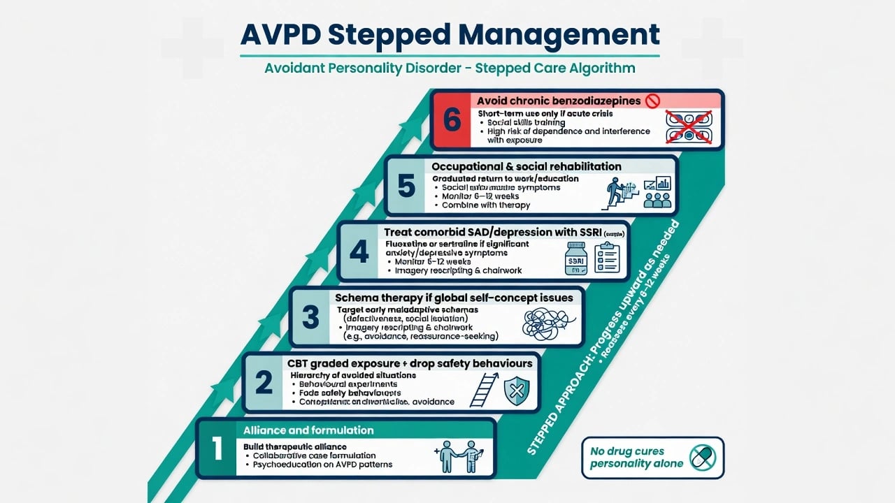 Stepped management ladder for avoidant personality disorder from alliance through CBT schema therapy comorbidity SSRI and rehabilitation