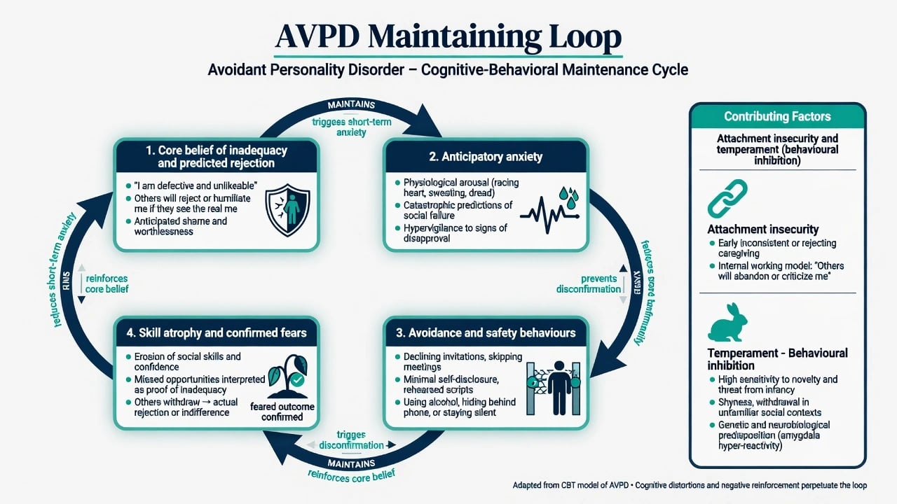 Cycle diagram of avoidant personality disorder maintaining loop from inadequacy beliefs through anticipatory anxiety avoidance and skill atrophy