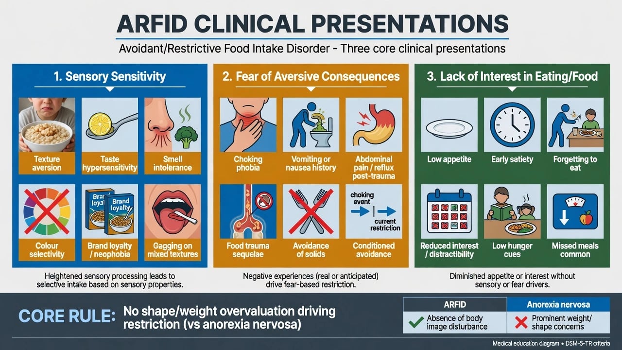 Three-panel classification of ARFID presentations: sensory sensitivity, fear of aversive consequences, and lack of interest in eating
