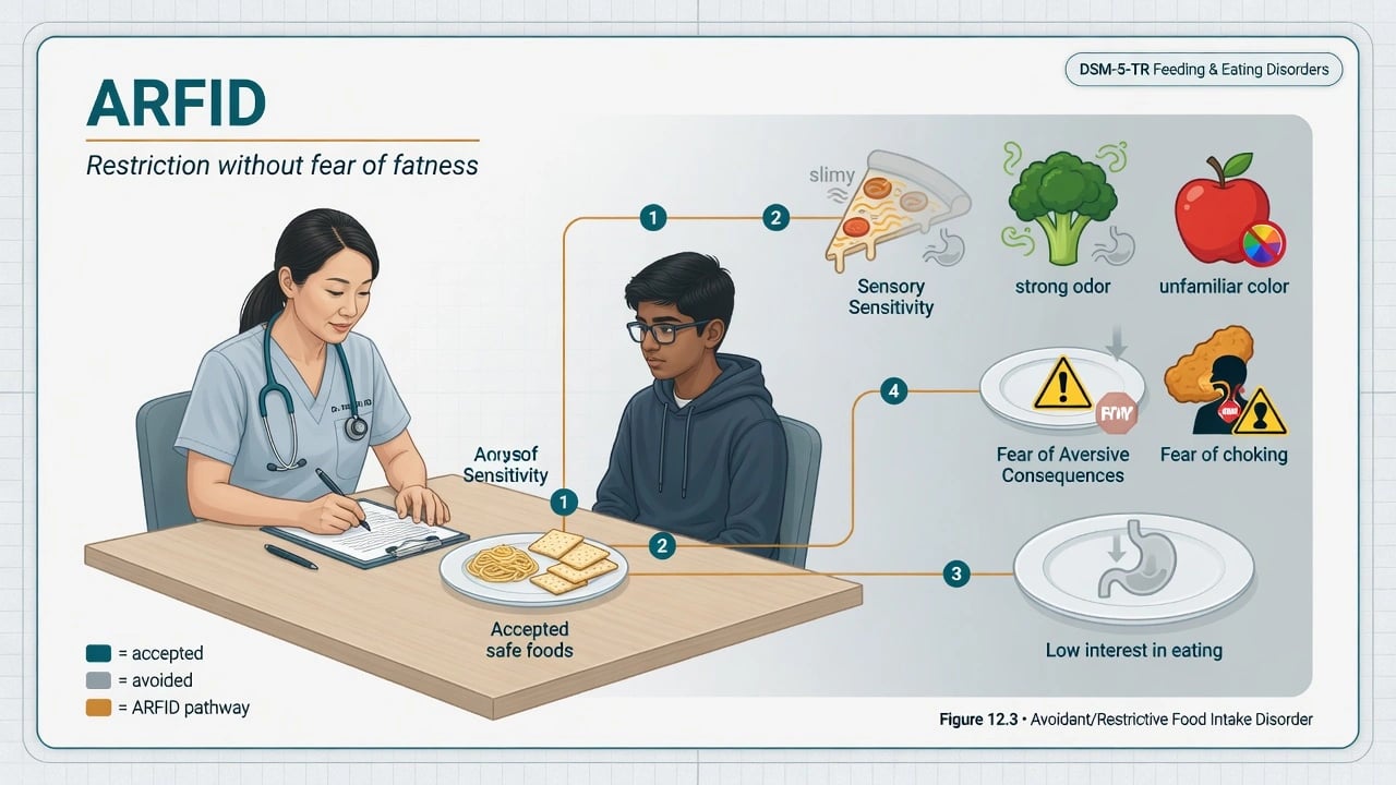 Educational illustration of ARFID assessment with limited accepted safe foods and pathways for sensory, fear, and low-interest presentations