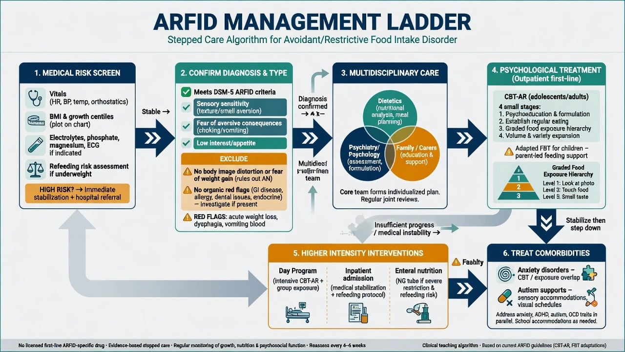 Stepped care management ladder for ARFID from medical risk screen through CBT-AR and adapted FBT to higher intensity care