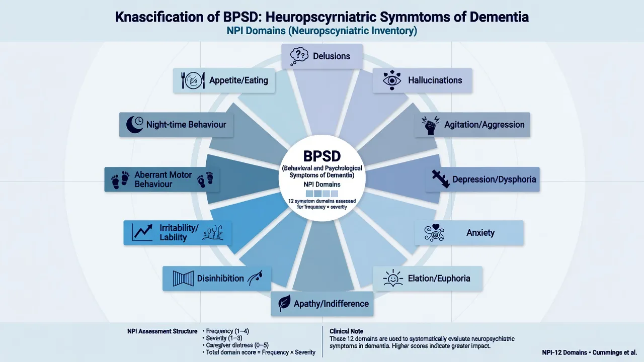 NPI-style radial diagram of BPSD neuropsychiatric symptom domains
