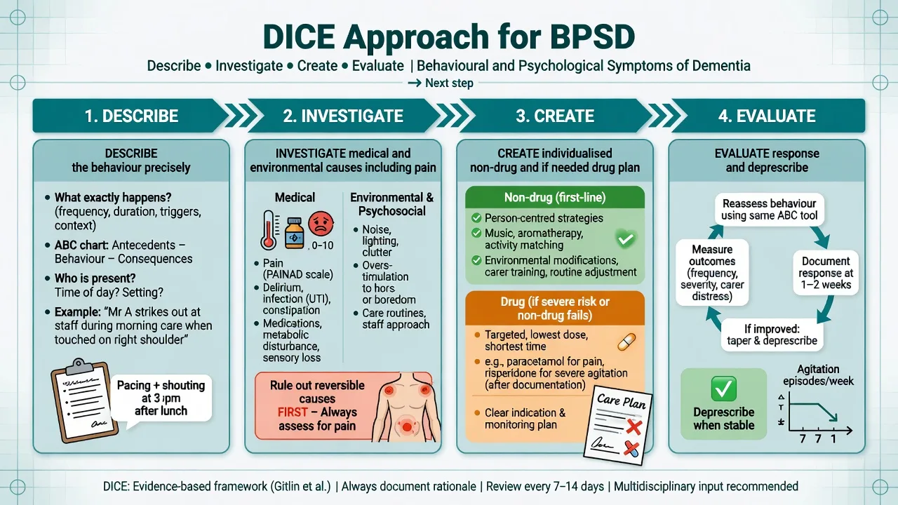 DICE four-step assessment and management approach for BPSD