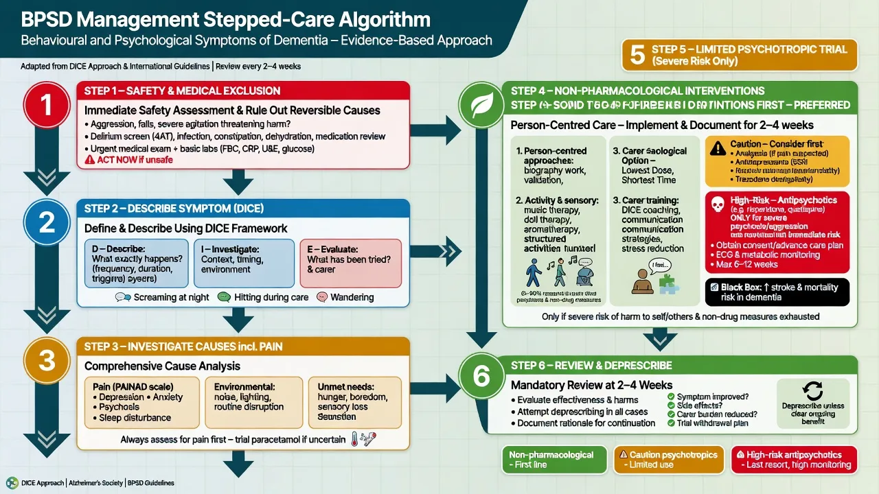 Stepped-care algorithm for BPSD from safety and medical exclusion through non-drug care to limited psychotropics and deprescribing