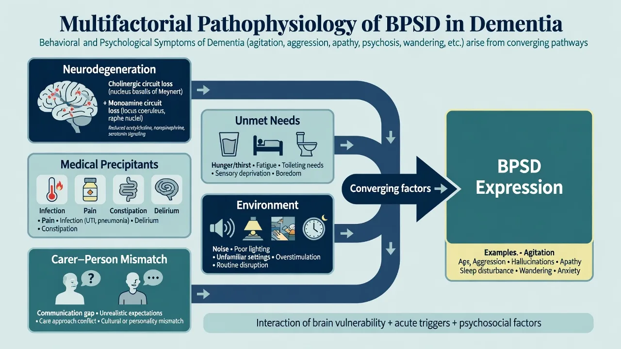 Multifactorial model of BPSD: neurodegeneration, medical precipitants, unmet needs, environment, carer mismatch