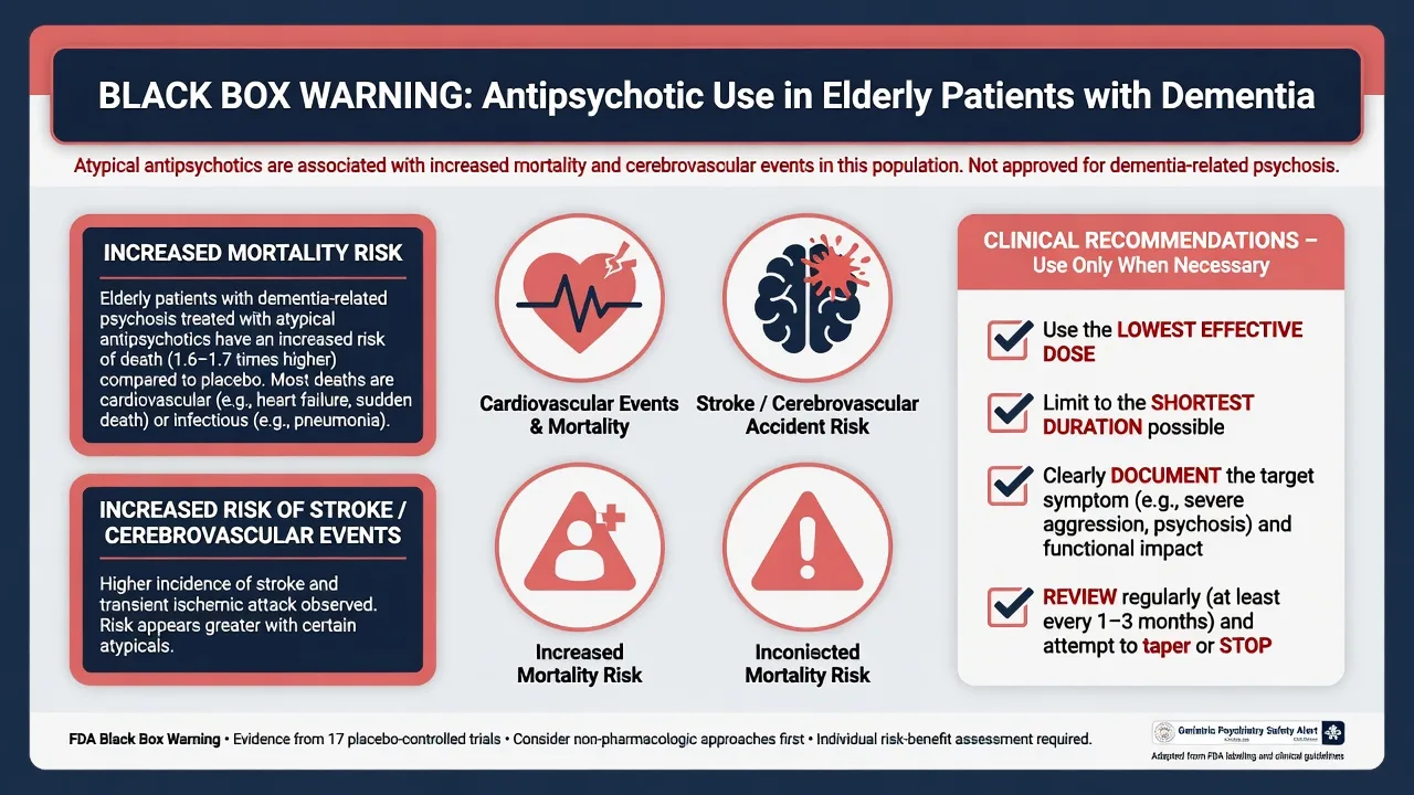 Black-box warning style poster for antipsychotic mortality and stroke risk in dementia