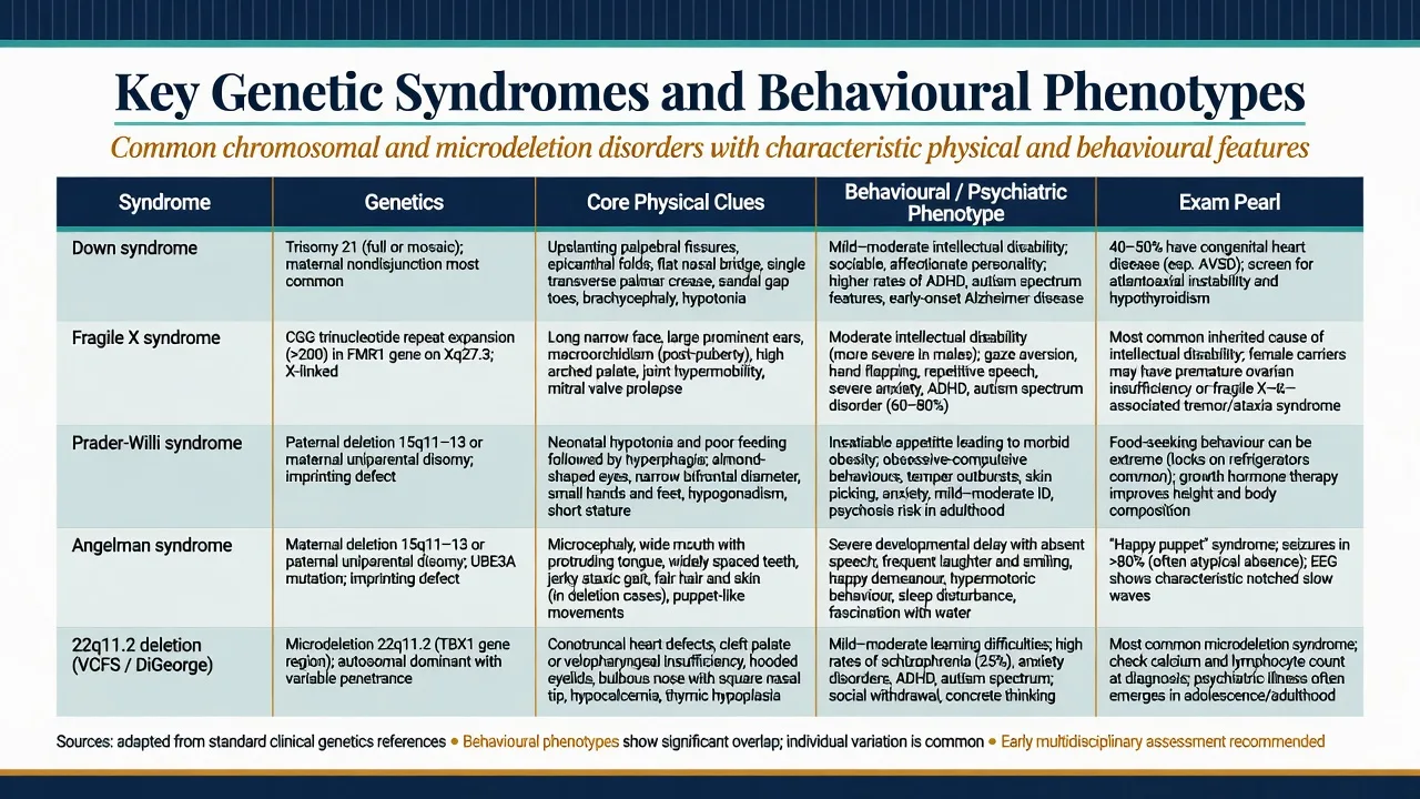 Comparison table of genetic syndromes with genetics, physical clues, behavioural phenotypes and exam pearls