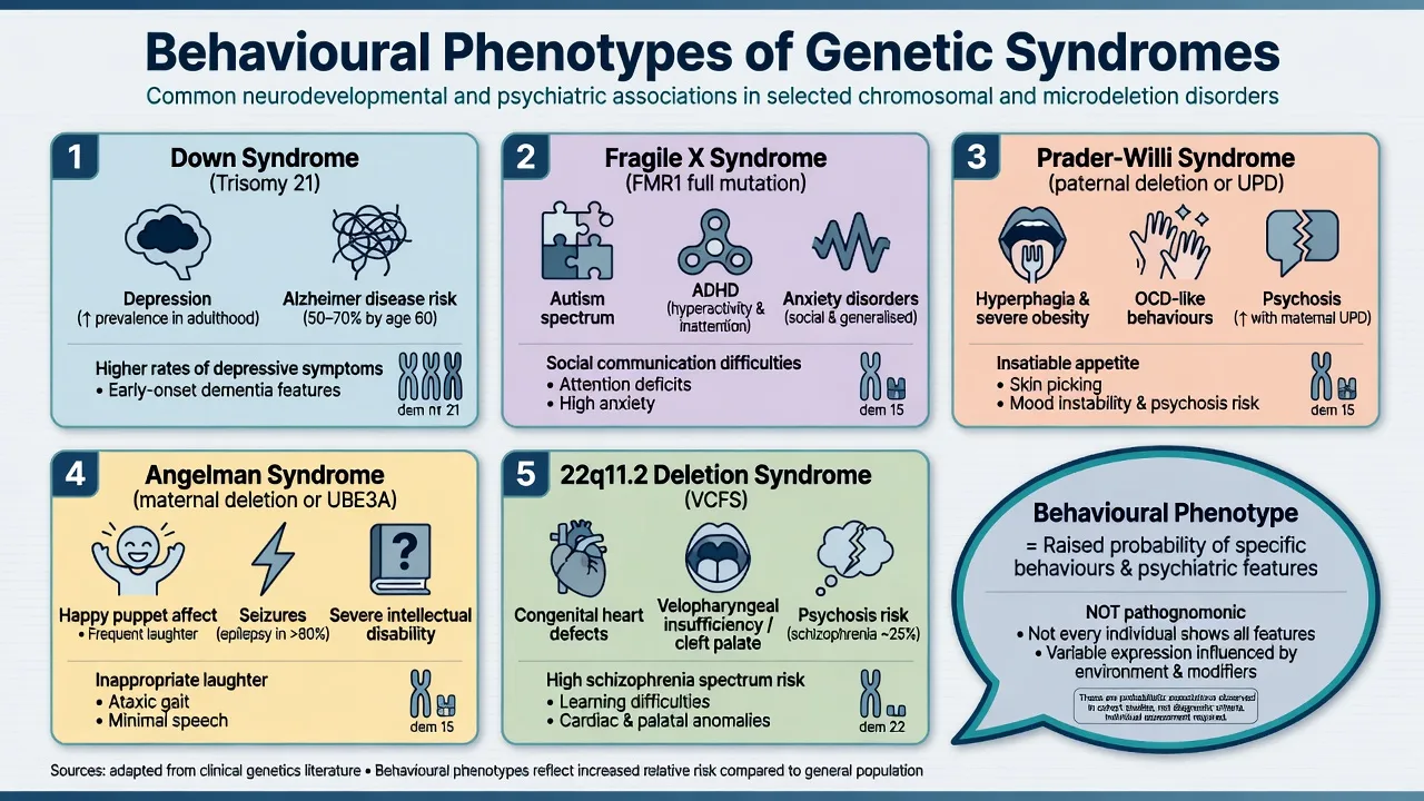 Overview of behavioural phenotypes across Down, fragile X, Prader-Willi, Angelman and 22q11.2 syndromes
