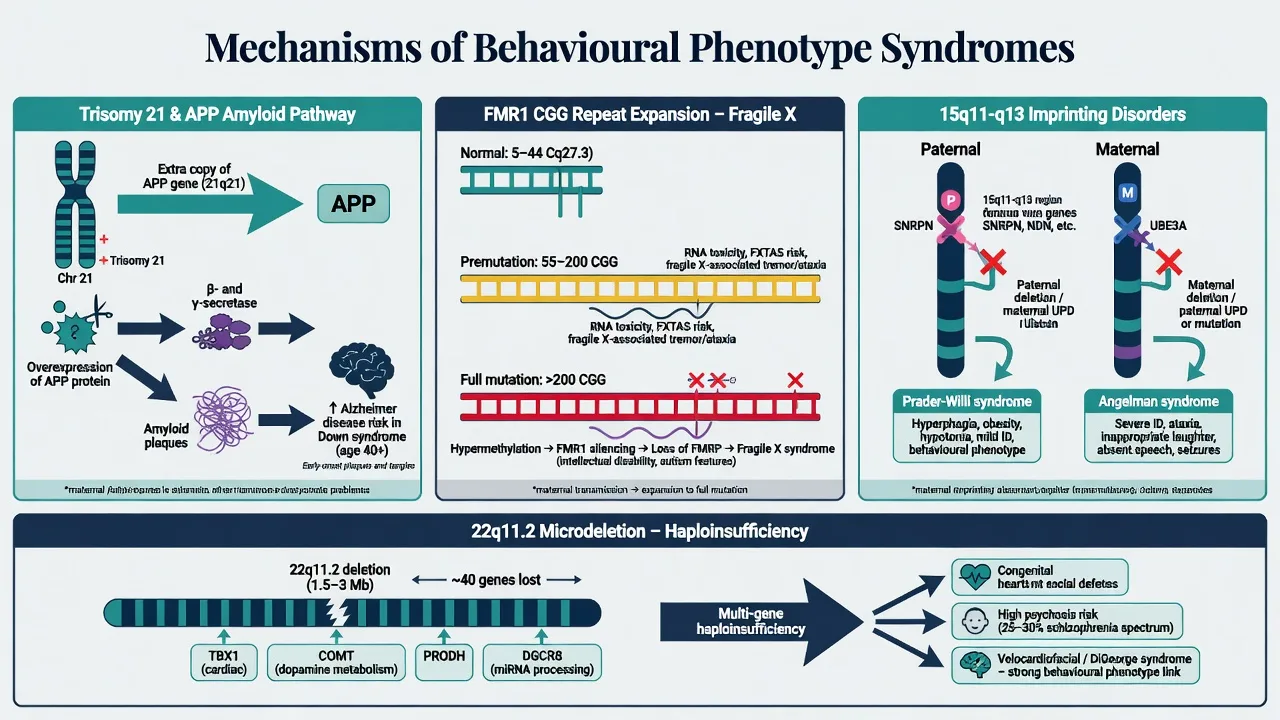 Mechanisms: trisomy 21 amyloid path, FMR1 CGG expansion, 15q imprinting PWS versus Angelman, 22q11 microdeletion
