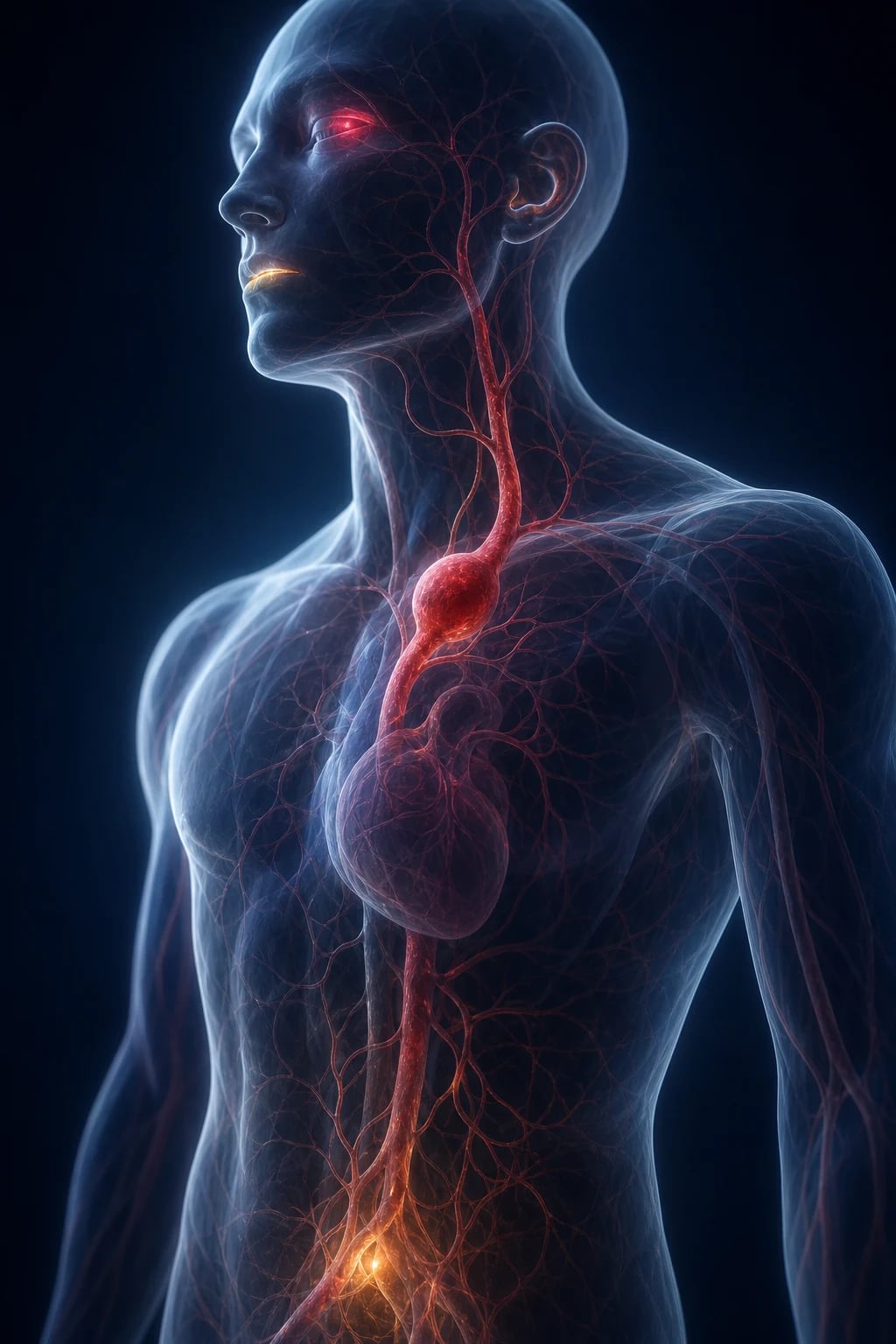 Cinematic 3D artistic close-up of an abstract human silhouette with small glowing ulcer marks on the mouth and skin, an inflamed eye, and a dilated blood vessel with a bulging aneurysm, against a deep navy background