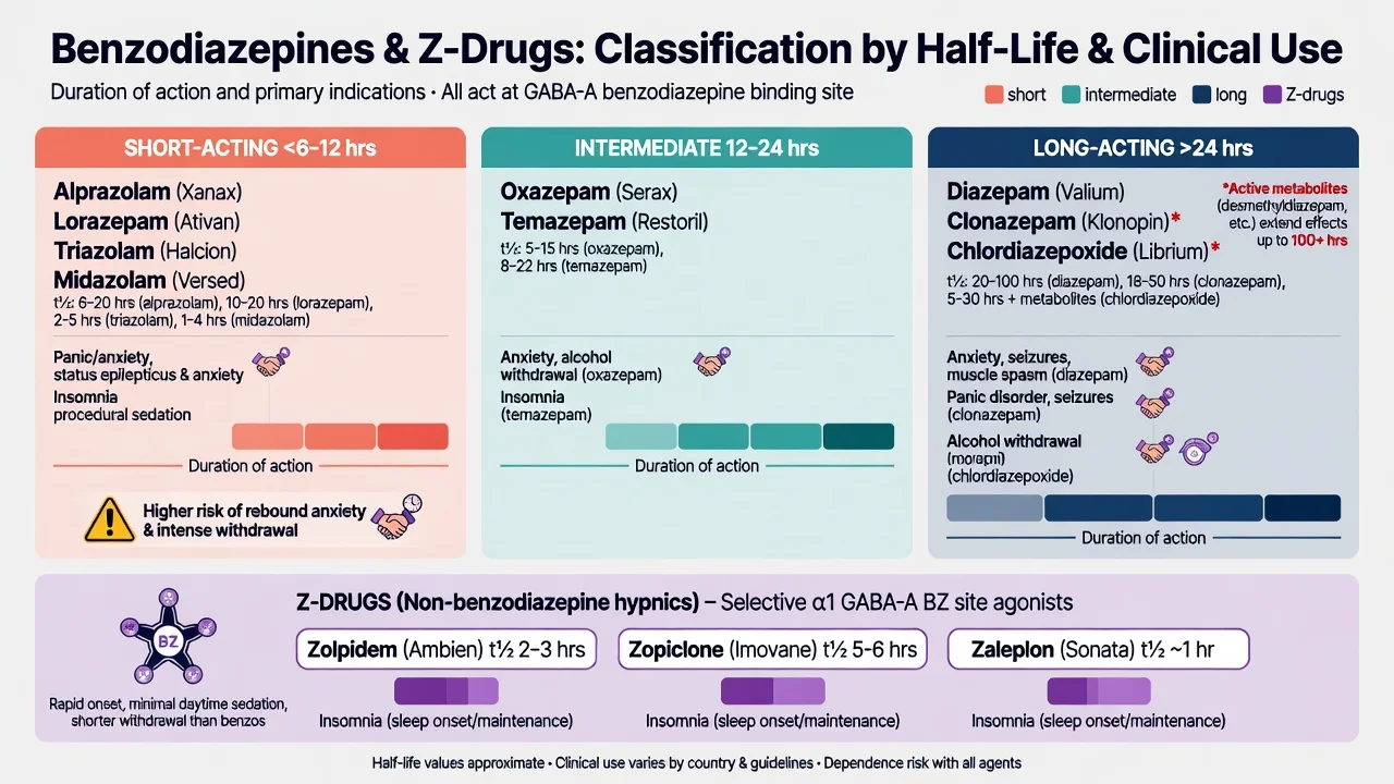 Classification of benzodiazepines and Z-drugs by half-life and clinical use with dependence notes