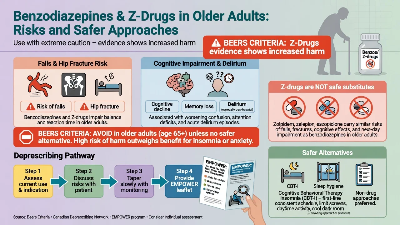 Older adult risks of benzodiazepines and Z-drugs including falls, cognition, Beers caution, deprescribing and EMPOWER pathway