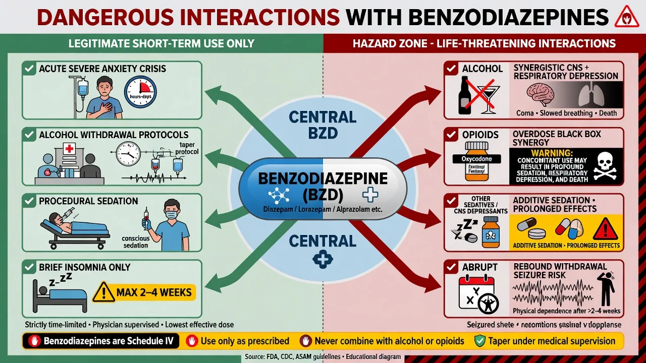 Legitimate short-term benzodiazepine indications versus hazardous interactions with alcohol opioids other sedatives and abrupt cessation