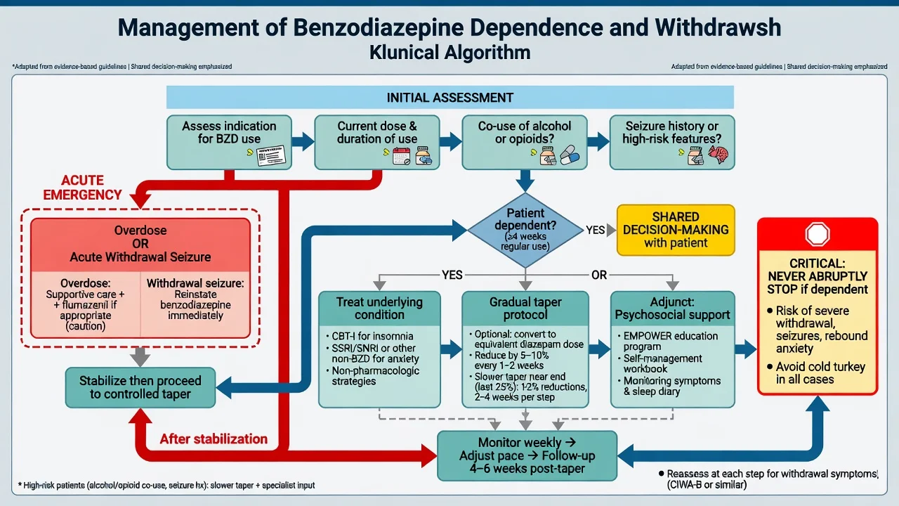 Clinical algorithm for benzodiazepine dependence assessment, emergency paths, gradual taper, psychosocial support, and monitoring