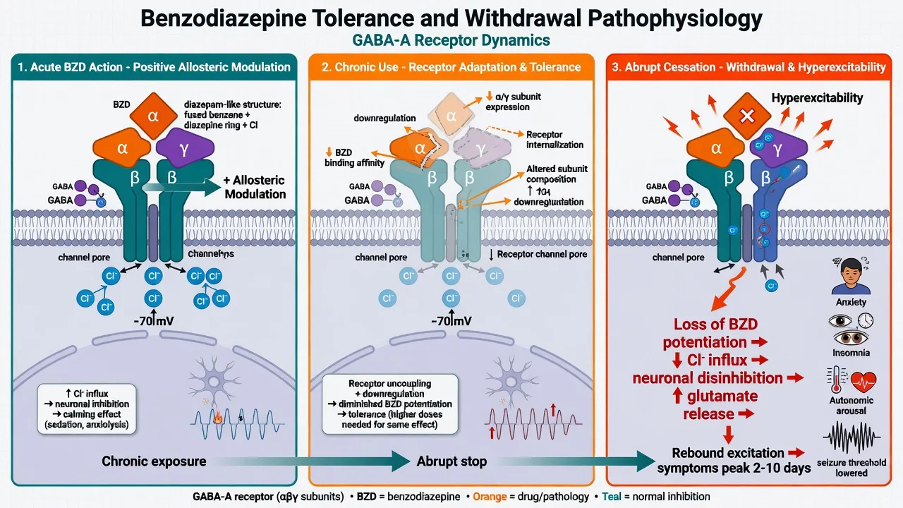 GABA-A positive allosteric modulation, receptor adaptation with tolerance, and withdrawal hyperexcitability cascade