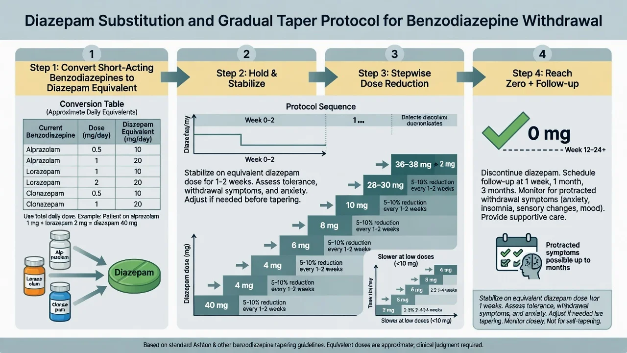 Diazepam substitution conversion concept and stepwise dose-reduction staircase for benzodiazepine taper