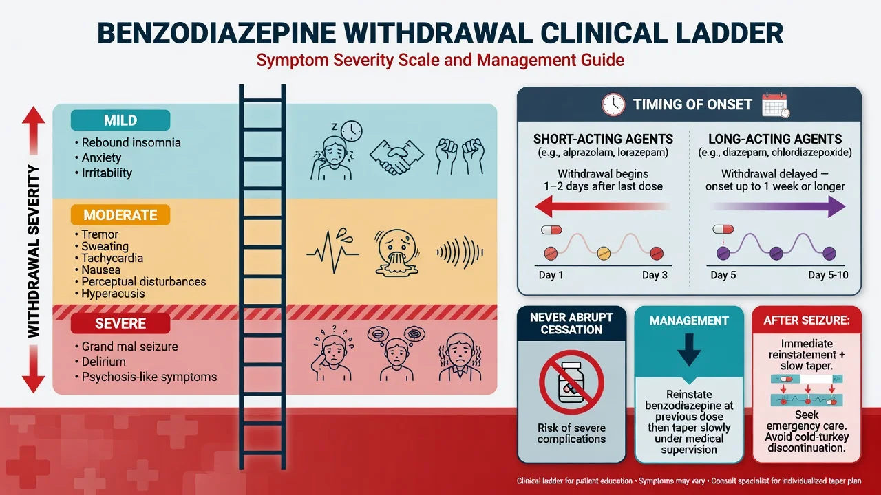 Benzodiazepine withdrawal severity ladder from mild rebound to seizures and delirium with timing by half-life