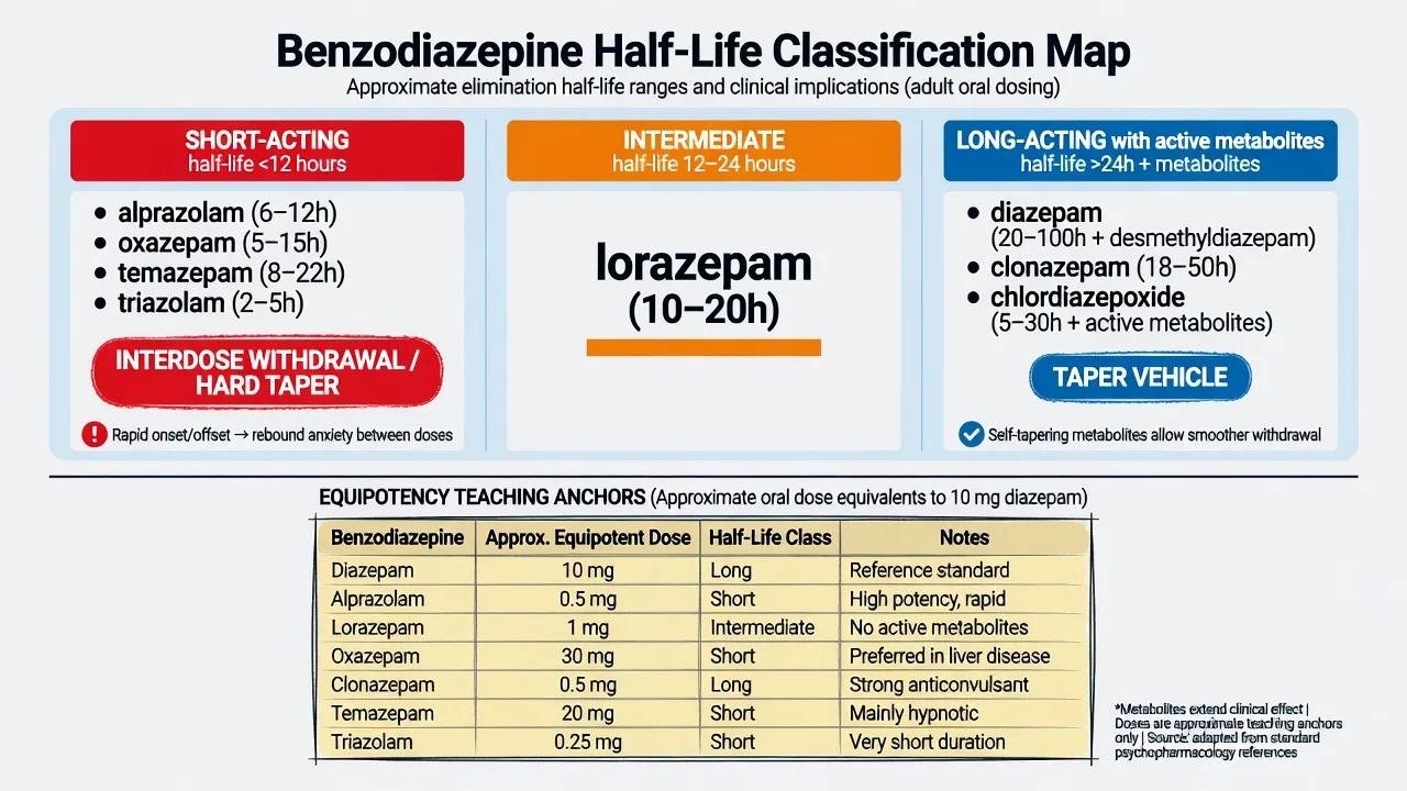 Half-life classification map of short intermediate and long-acting benzodiazepines with equipotency teaching table