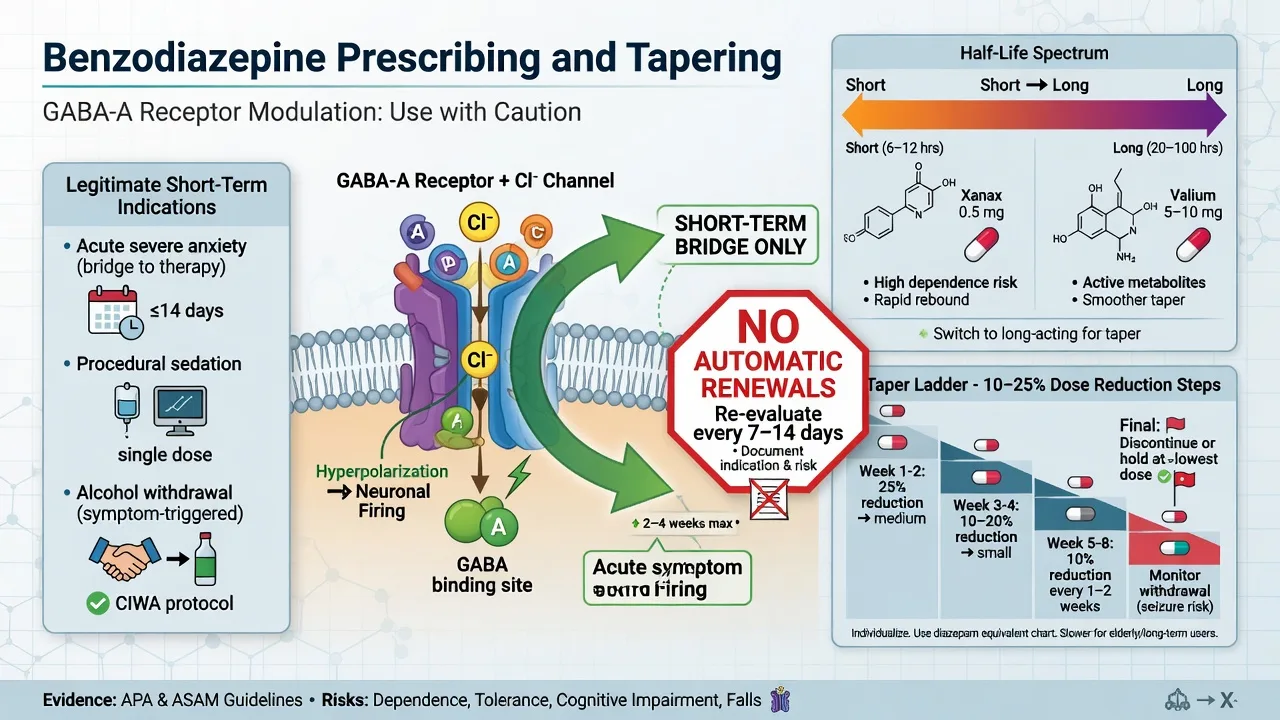 Educational hero diagram of benzodiazepine short-term prescribing rules half-life spectrum and taper ladder
