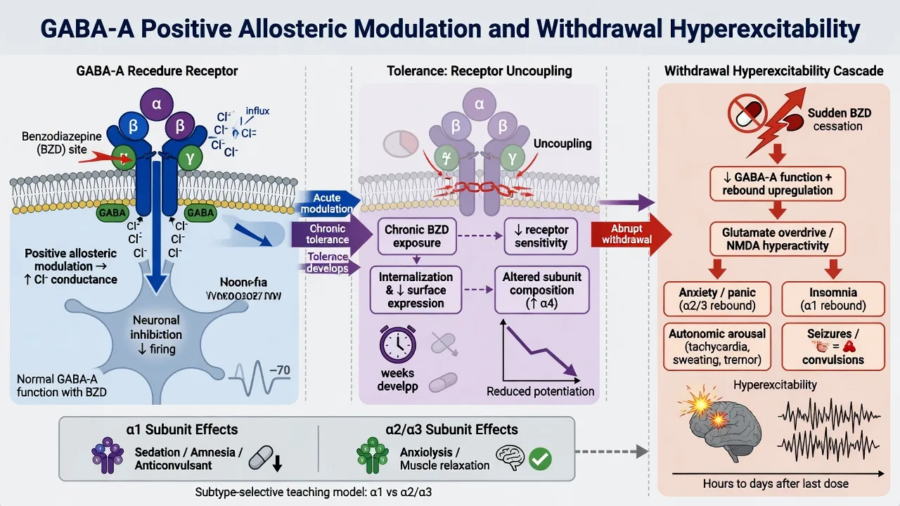 GABA-A positive allosteric modulation tolerance and withdrawal hyperexcitability cascade