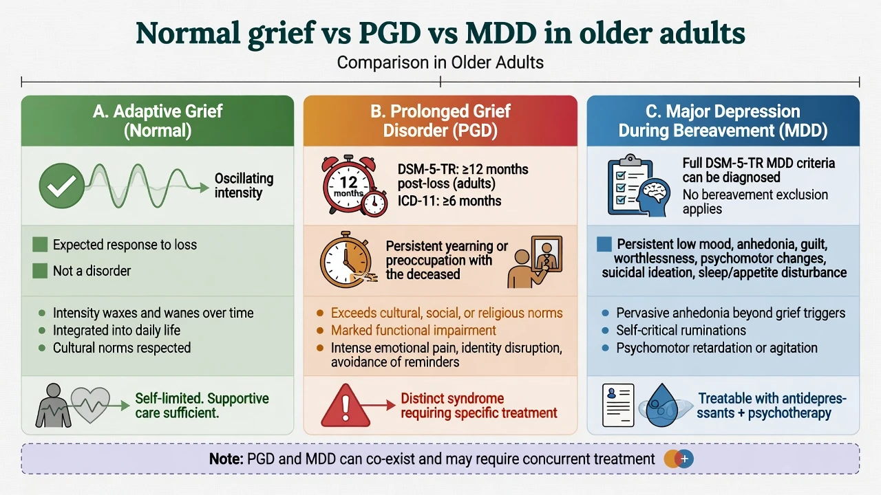 Three-column comparison of adaptive grief, prolonged grief disorder with DSM and ICD duration clocks, and major depression during bereavement