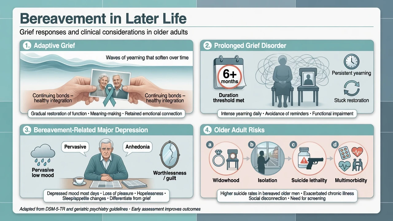 Educational overview of bereavement in later life with panels for adaptive grief, prolonged grief disorder, bereavement-related major depression, and older adult risks